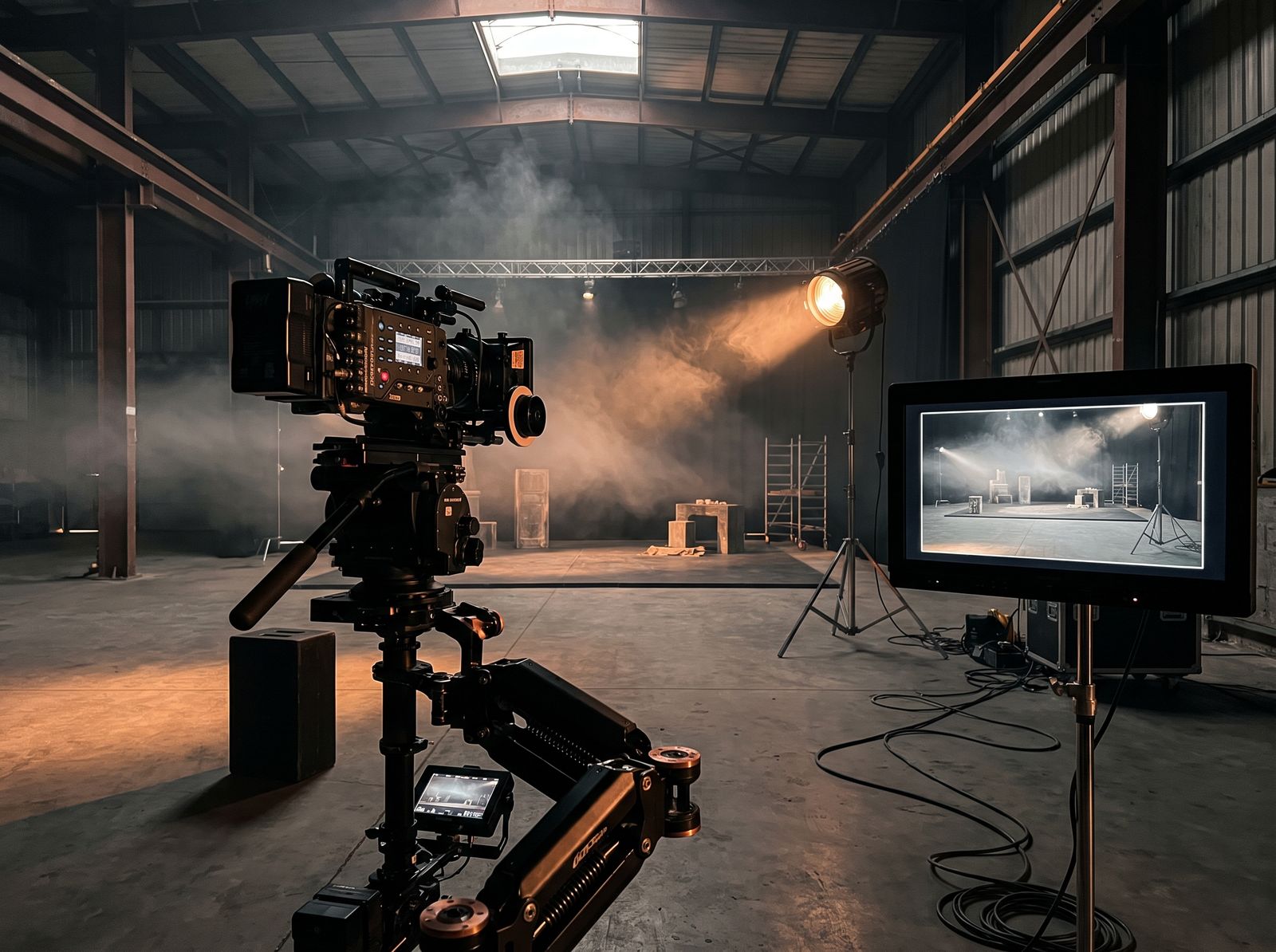 Kinematisches Filmset mit Kamera, Studiolicht und Vorschaumonitor